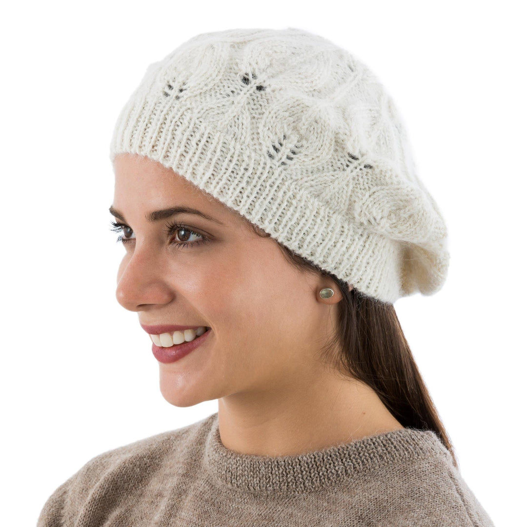 Hand Knit Andean 100% Alpaca Women's Beret in Ivory - Ivory Leaves