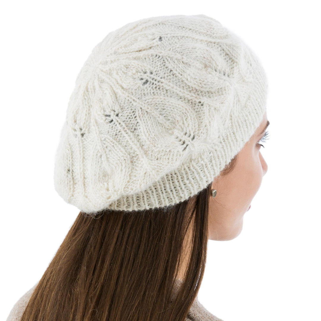 Hand Knit Andean 100% Alpaca Women's Beret in Ivory - Ivory Leaves