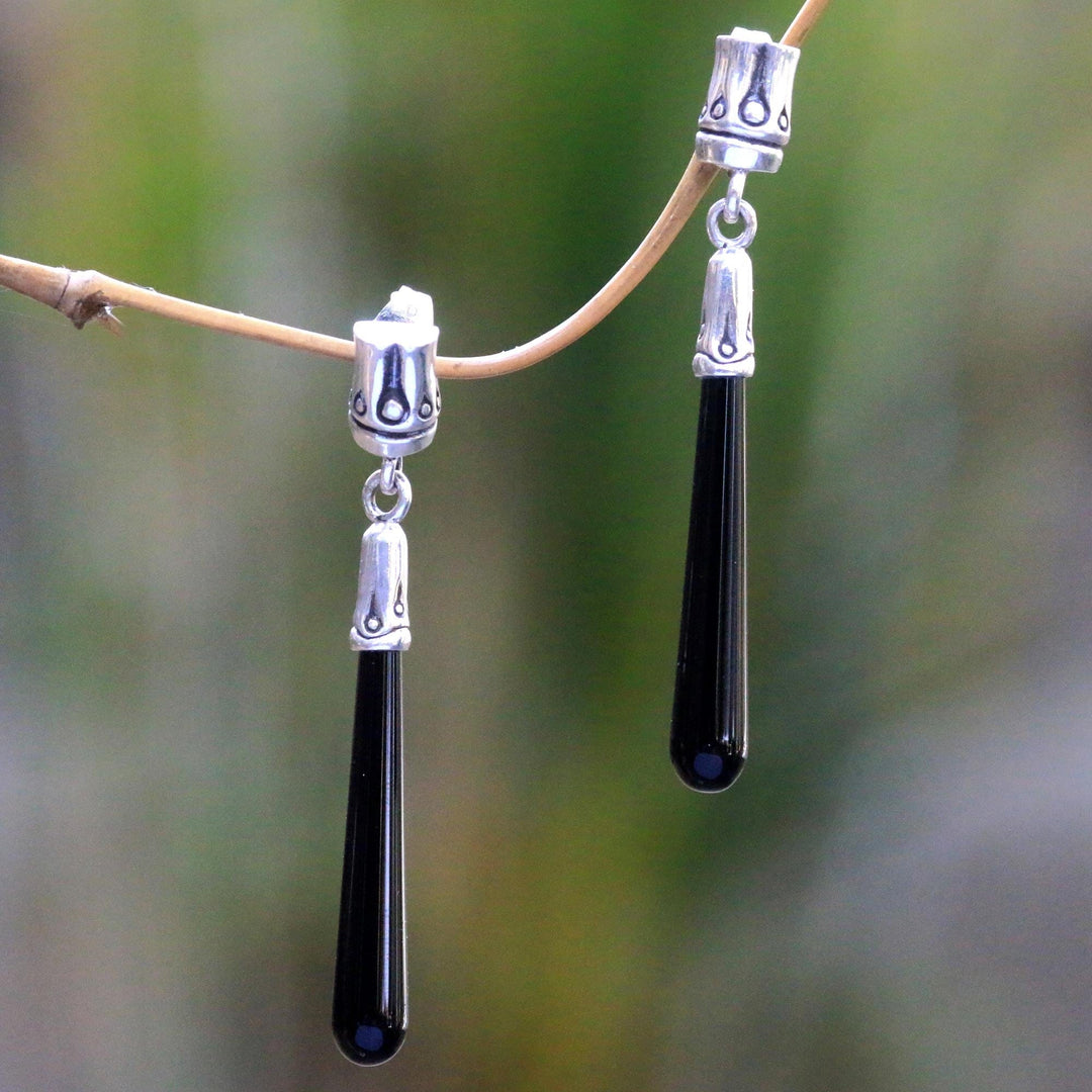 Artisan Crafted Onyx and Sterling Silver Dangle Earrings - Black Wand