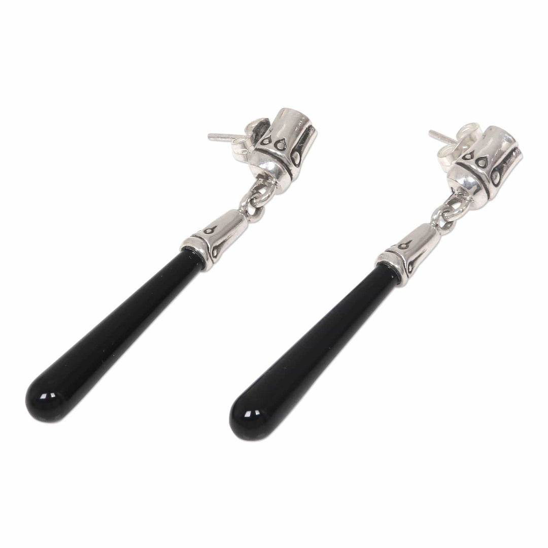 Artisan Crafted Onyx and Sterling Silver Dangle Earrings - Black Wand