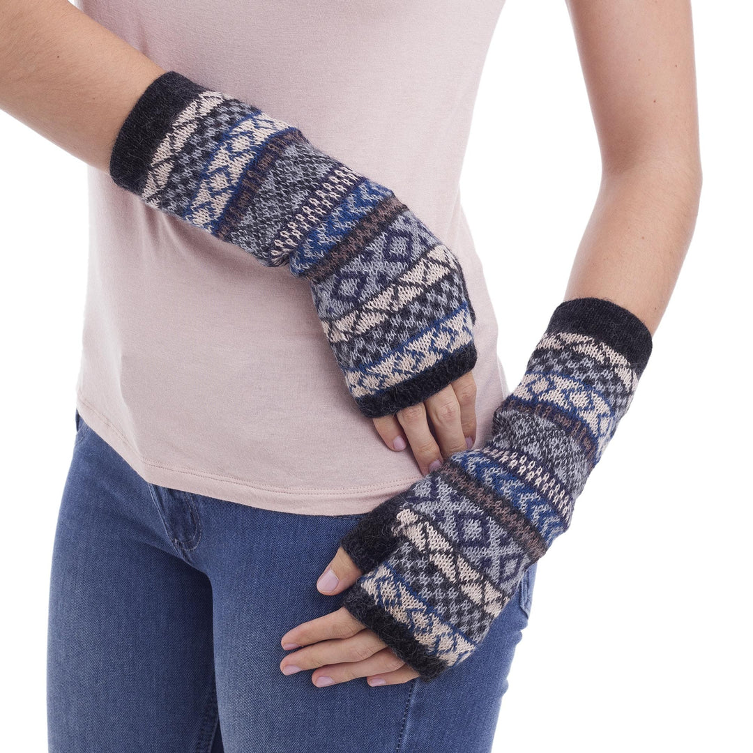 Hand Crafted 100% Alpaca Colorful Fingerless Gloves - Geometric Color