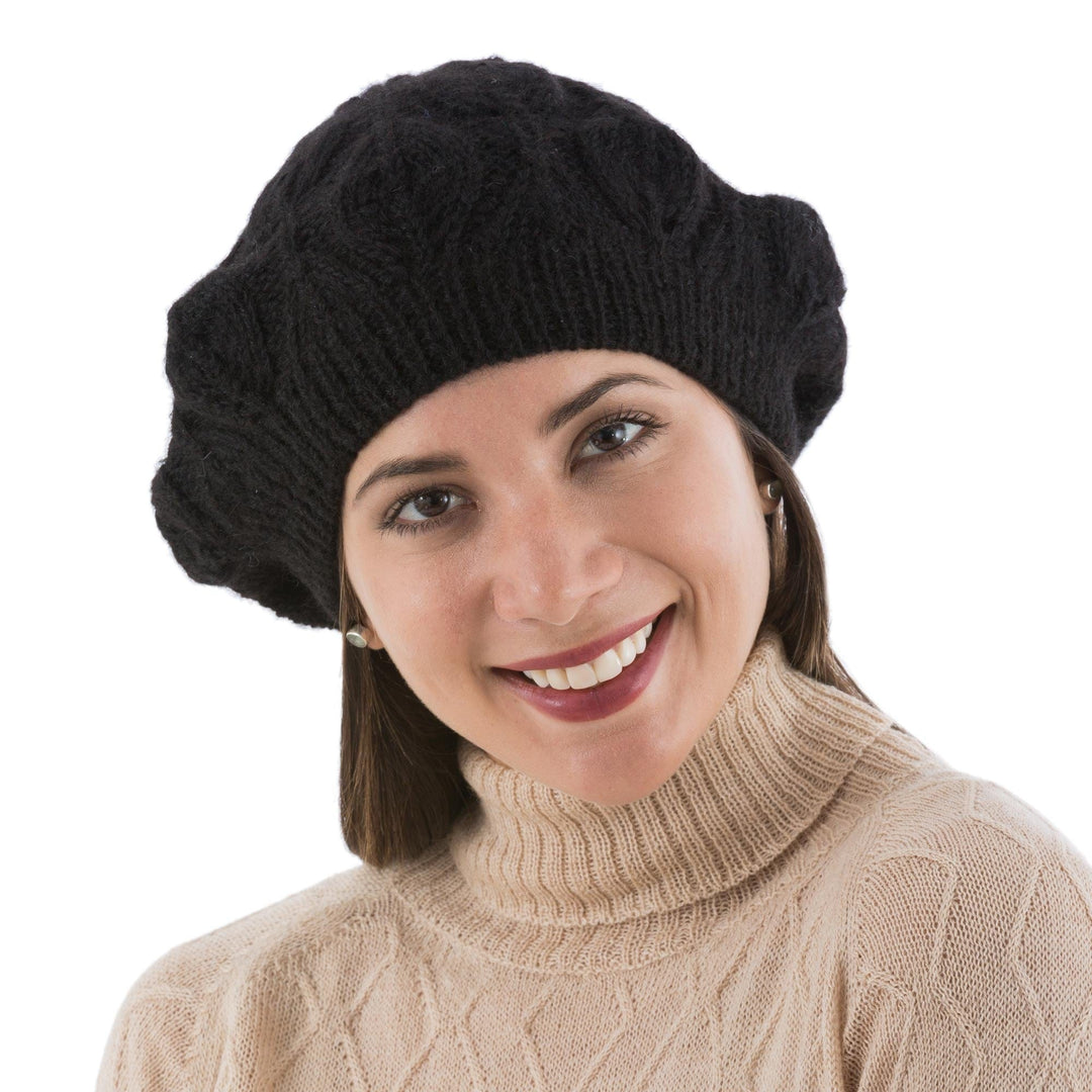 Hand Knit Black 100% Alpaca Beret from Peru - Dark Leaves