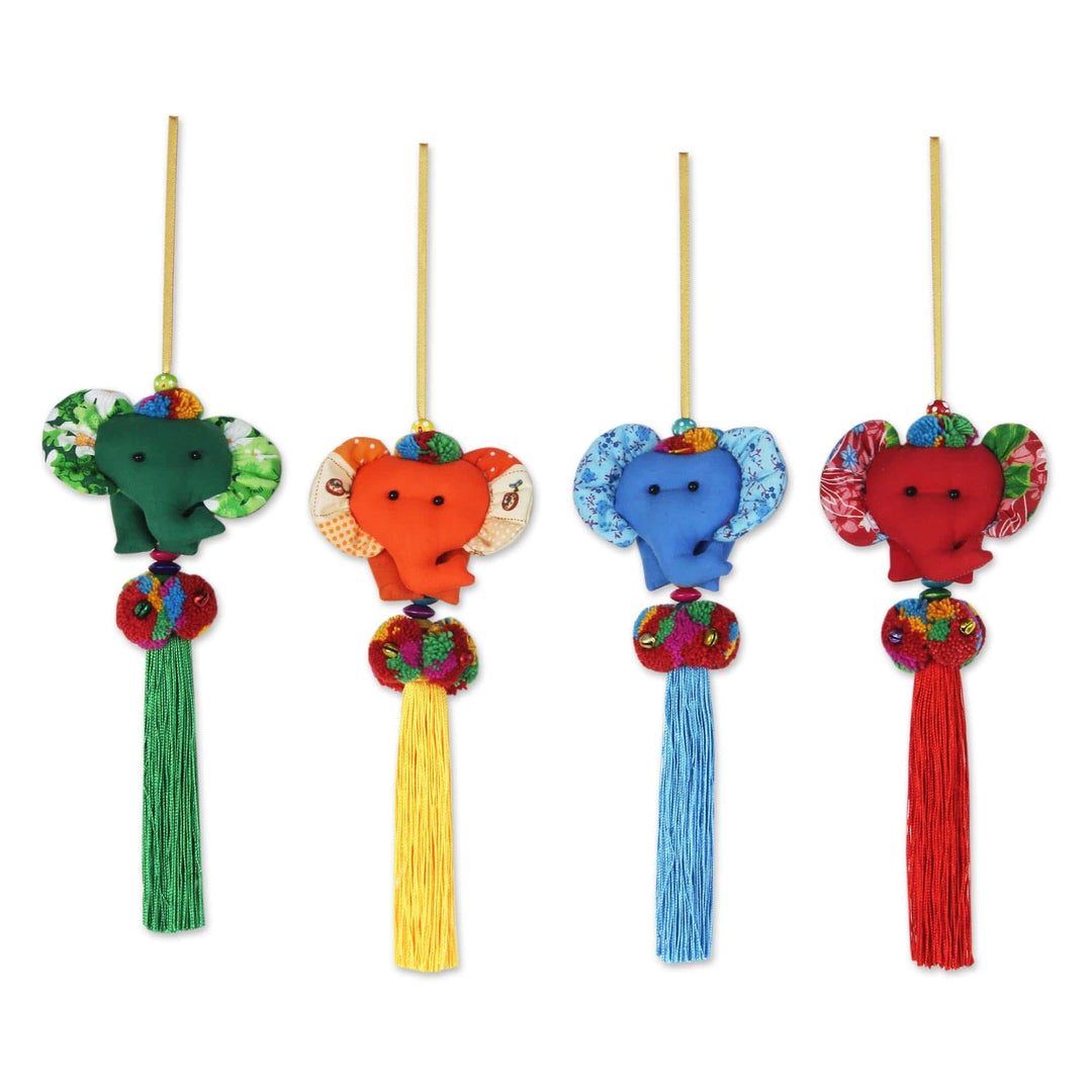 4 Artisan Crafted Multicolor Thai Cotton Elephant Ornaments - Happy Thai Elephants