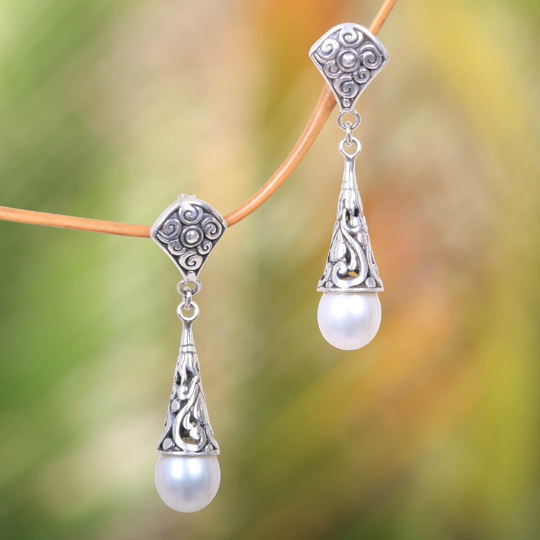 Balinese Cultured Pearl Earrings Crafted of Sterling Silver - Lotus Bud Promise
