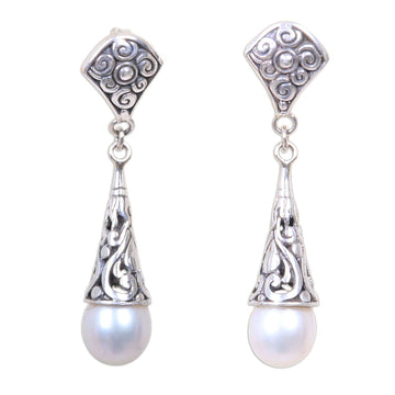 Balinese Cultured Pearl Earrings Crafted of Sterling Silver - Lotus Bud Promise