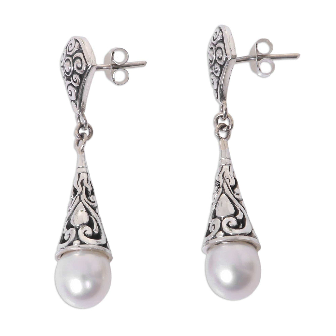 Balinese Cultured Pearl Earrings Crafted of Sterling Silver - Lotus Bud Promise