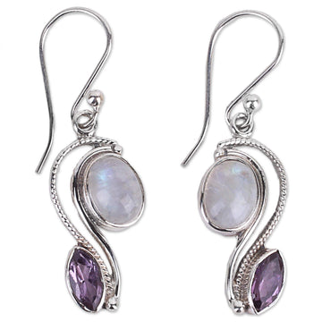 Handcrafted Amethyst and Rainbow Moonstone Earrings - Colorful Curves
