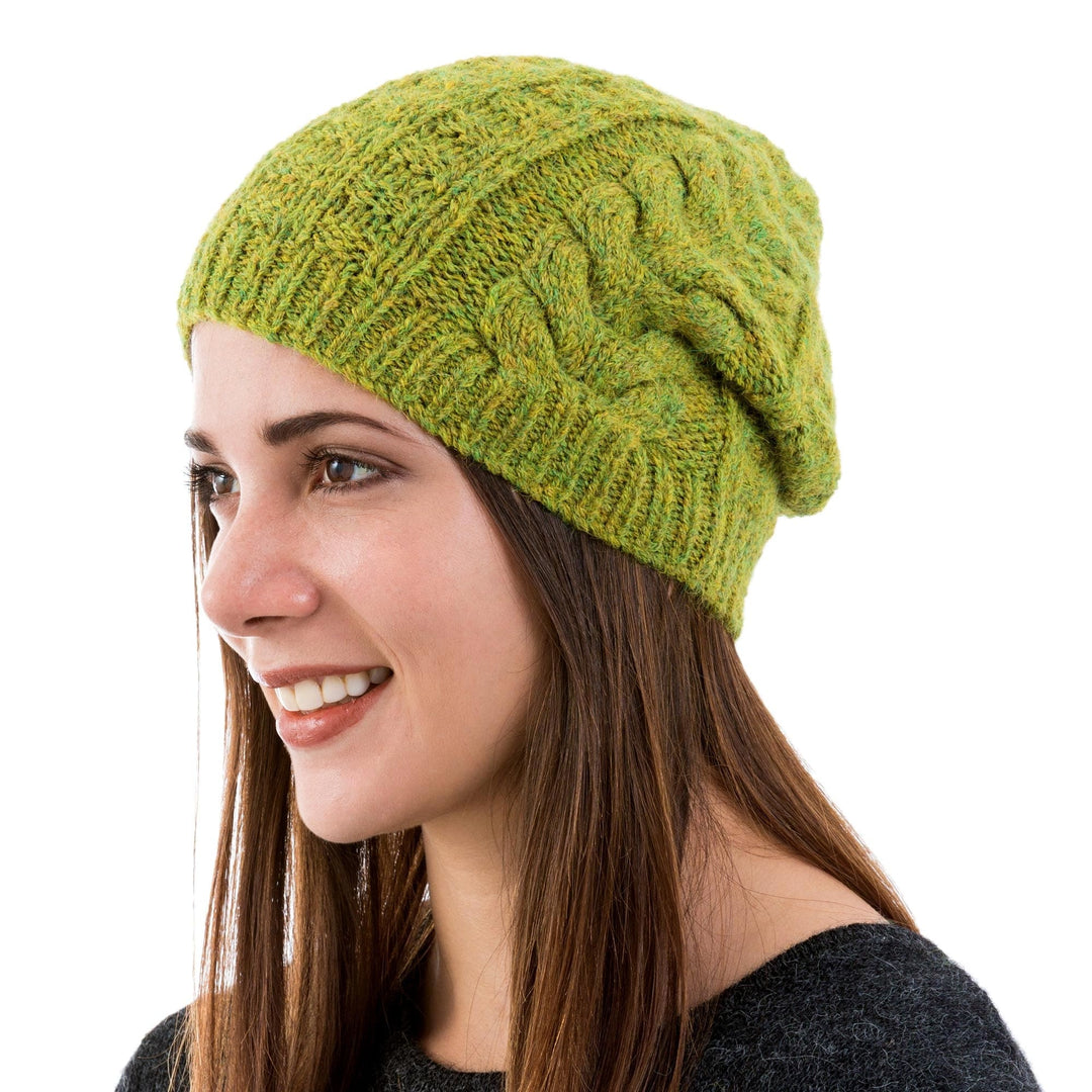 Hand Knit Braided Alpaca Blend Hat in Warm Olive - Warm Olive Braids