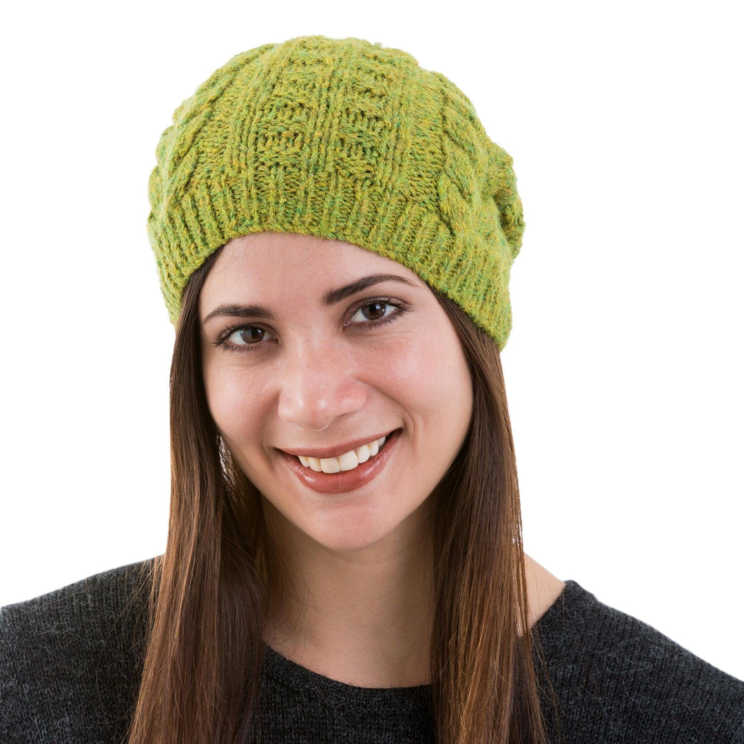 Hand Knit Braided Alpaca Blend Hat in Warm Olive - Warm Olive Braids