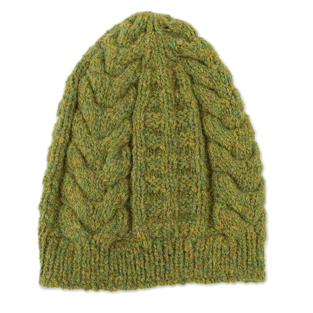Hand Knit Braided Alpaca Blend Hat in Warm Olive - Warm Olive Braids