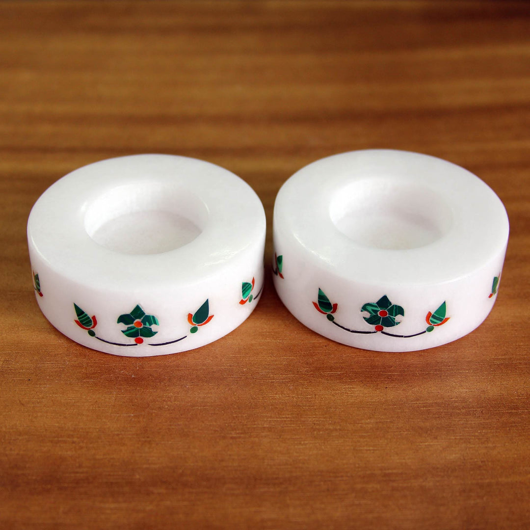 Round Marble Tealight Holder with Green Blooming Buds (Pair) - Floral Symmetry in Green