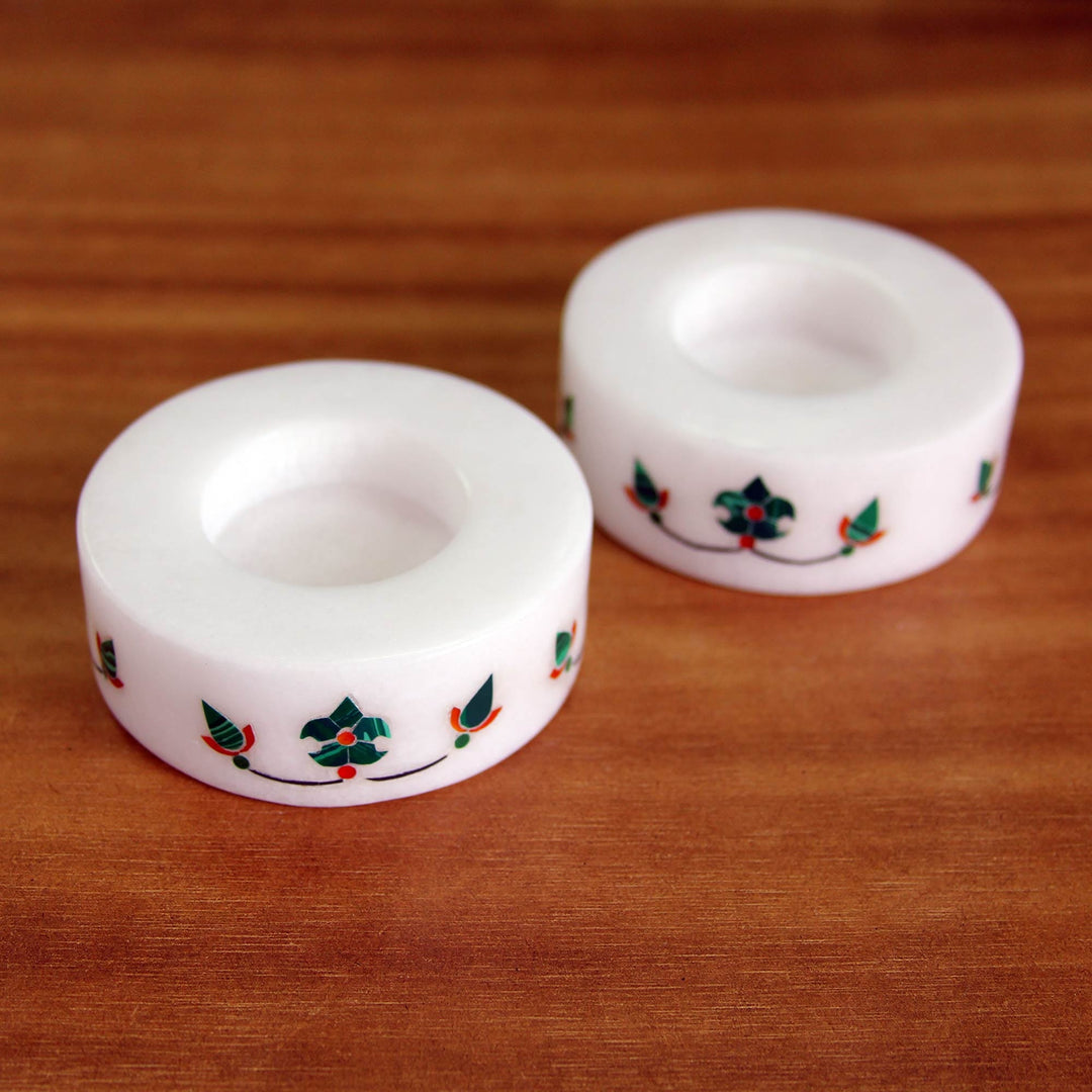Round Marble Tealight Holder with Green Blooming Buds (Pair) - Floral Symmetry in Green