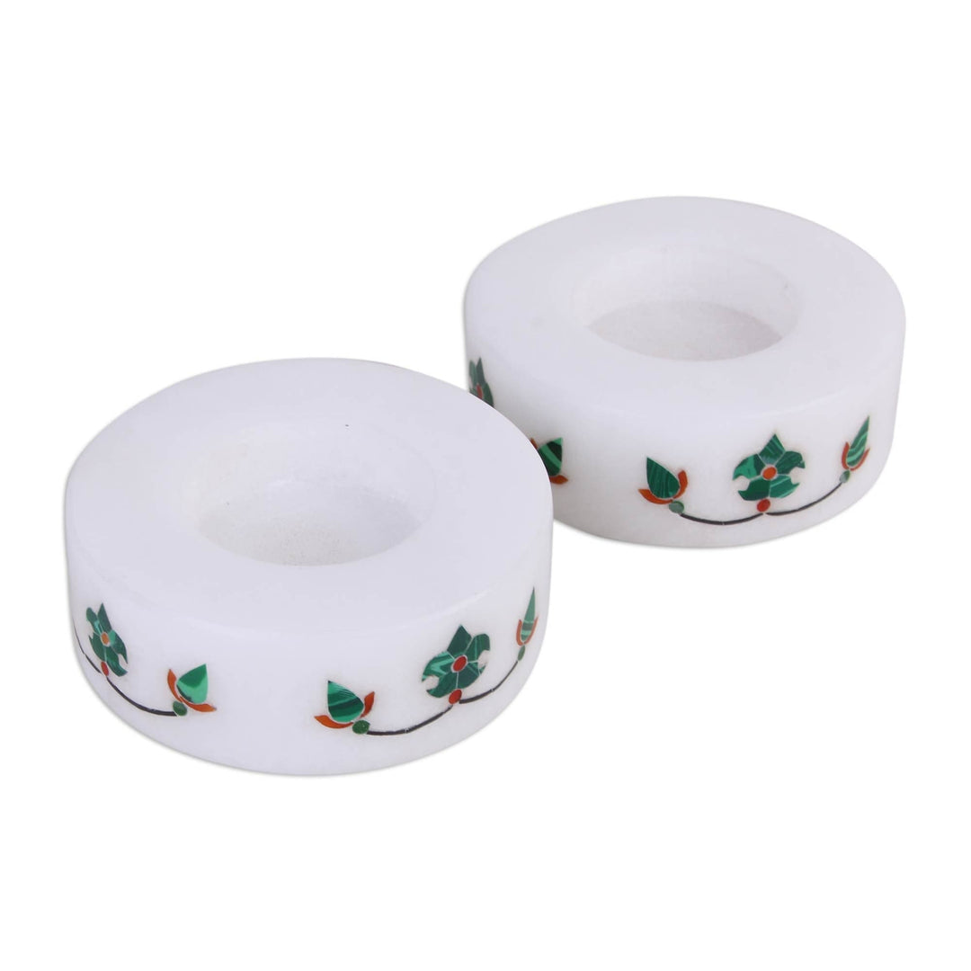 Round Marble Tealight Holder with Green Blooming Buds (Pair) - Floral Symmetry in Green