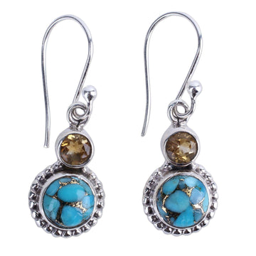 Citrine and Composite Turquoise Sterling Silver Earrings - Earth and Sun
