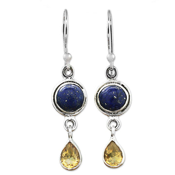Lapis Lazuli and Citrine Sterling Silver Dangle Earrings - Drops of Sun