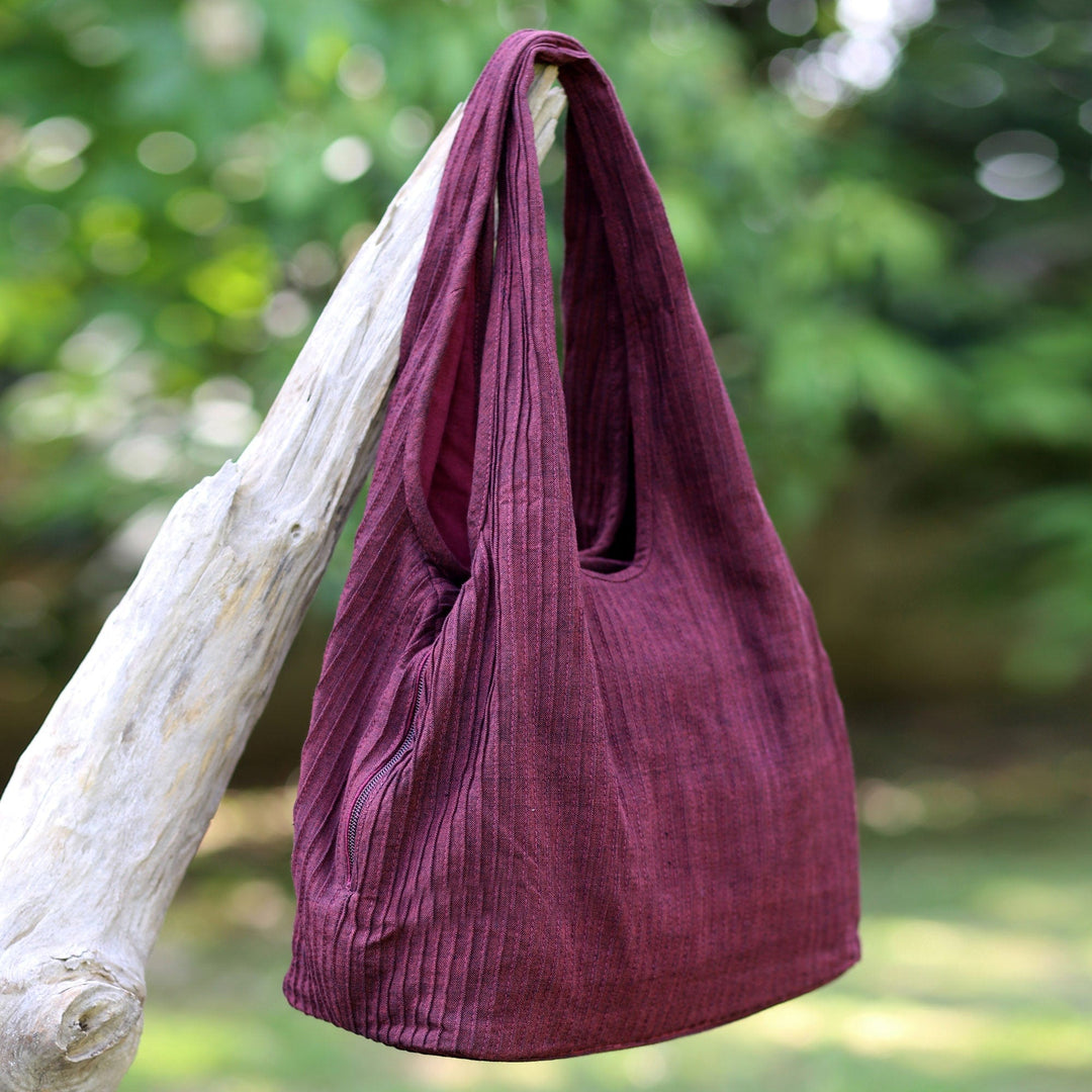 100% Cotton Textured Shoulder Bag in Wine from Thailand - Thai Texture in Wine