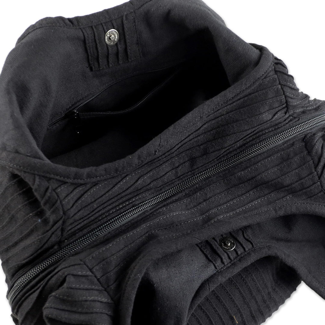 100% Cotton Textured Shoulder Bag in Black from Thailand - Thai Texture in Black