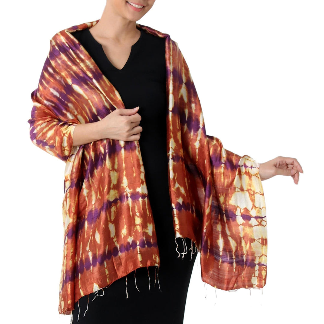 Hand Woven Tie Dye Silk Shawl in Pumpkin and Purple Thailand - River Sands