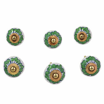 Ceramic Cabinet Knobs Floral Green White (Set of 6) India - Green Flowers