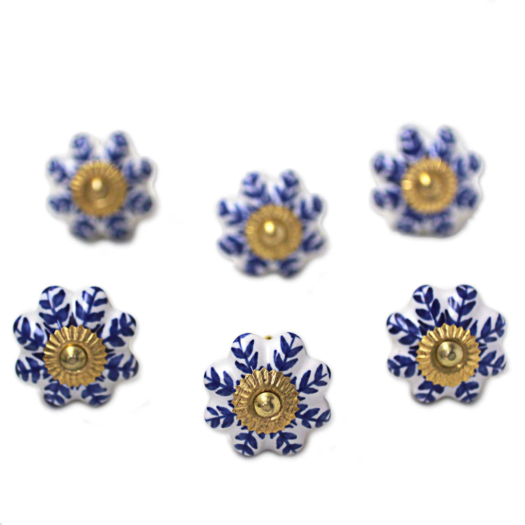 Ceramic Cabinet Knobs Floral White Blue (Set of 6) India - Blue Sunshine