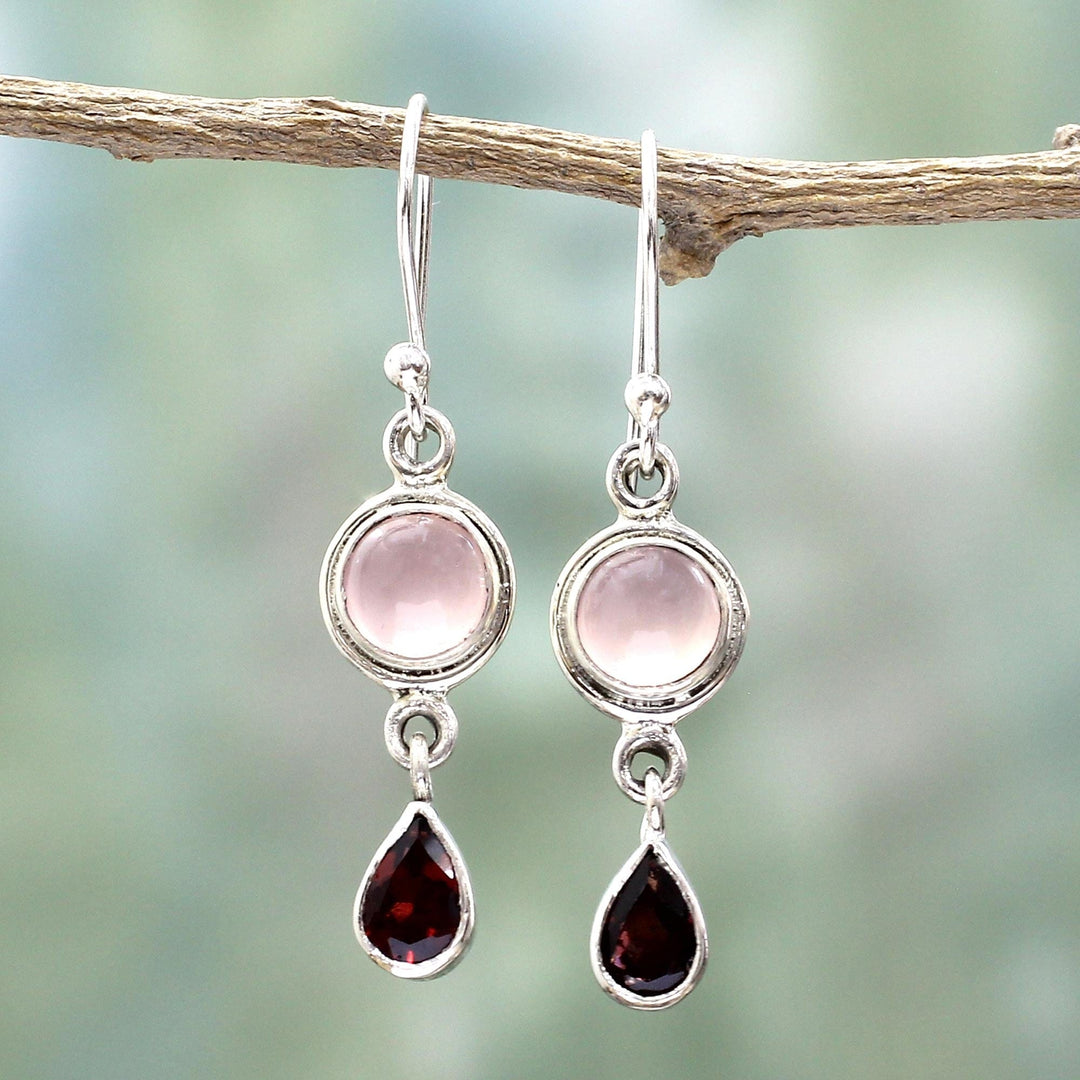 Garnet and Chalcedony Dangle Earrings from India - Crimson Droplets
