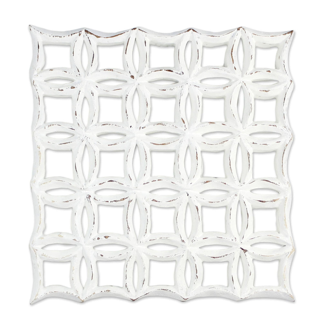 Hand Carved Whitewashed Wood Wall Relief Panel from Thailand - Flower Plot