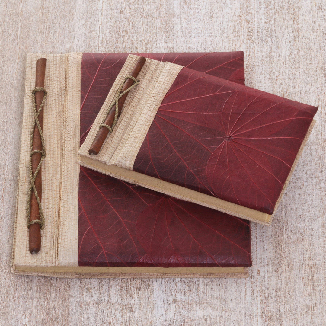 Handcrafted Pair of Rice Paper Notebooks from Indonesia - Autumn Spirit in Red