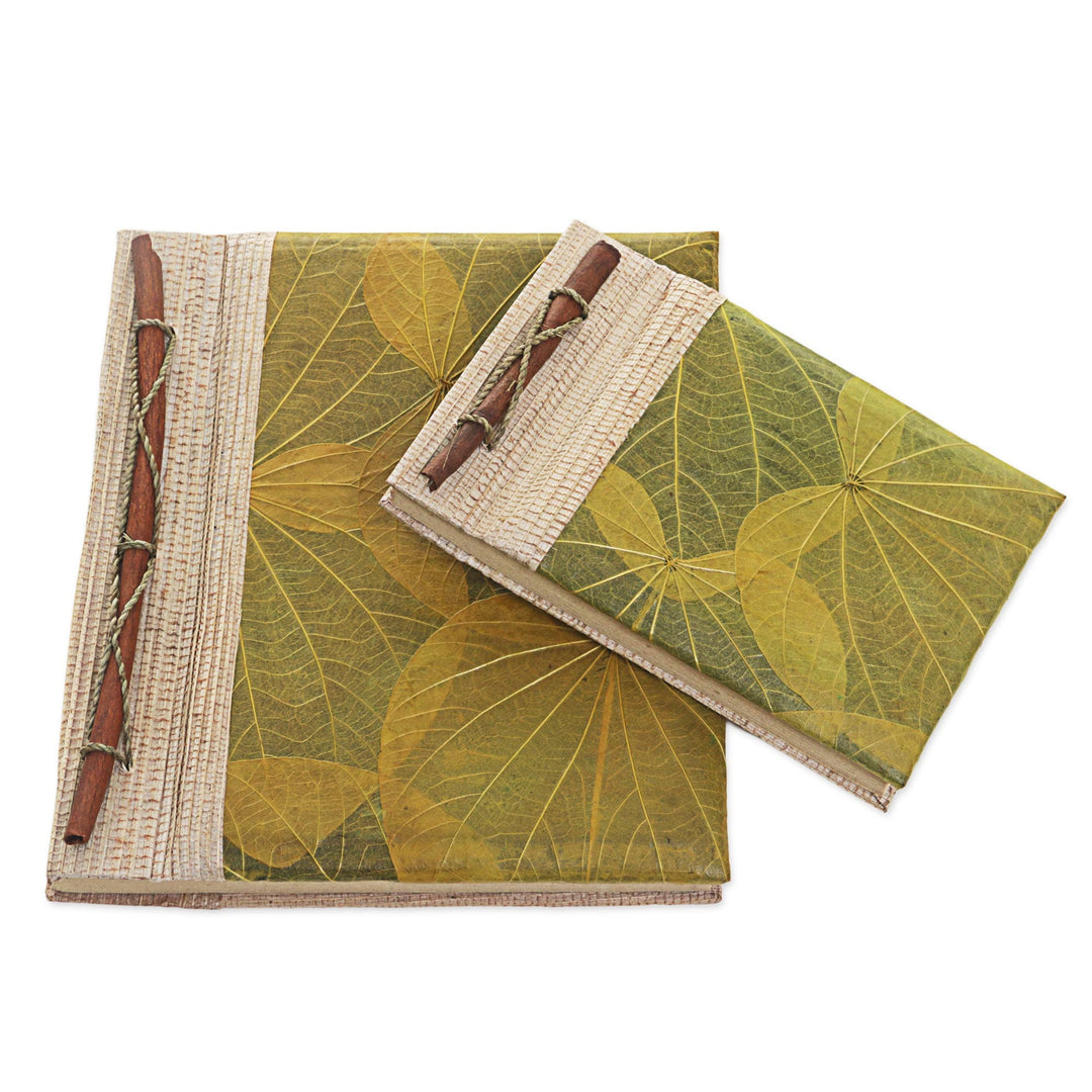 Handcrafted Pair of Rice Paper Notebooks from Indonesia - Autumn Spirit in Olive