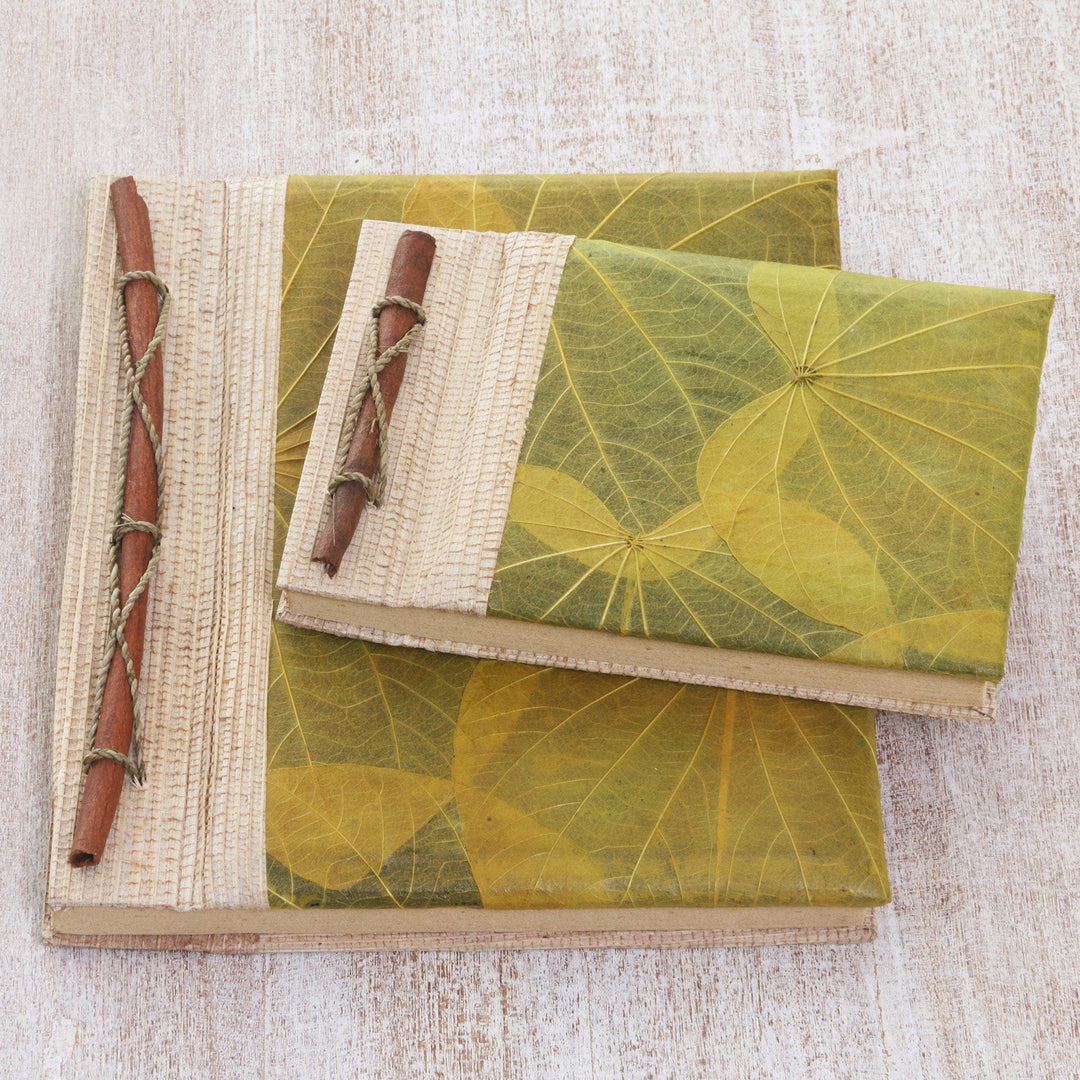 Handcrafted Pair of Rice Paper Notebooks from Indonesia - Autumn Spirit in Olive