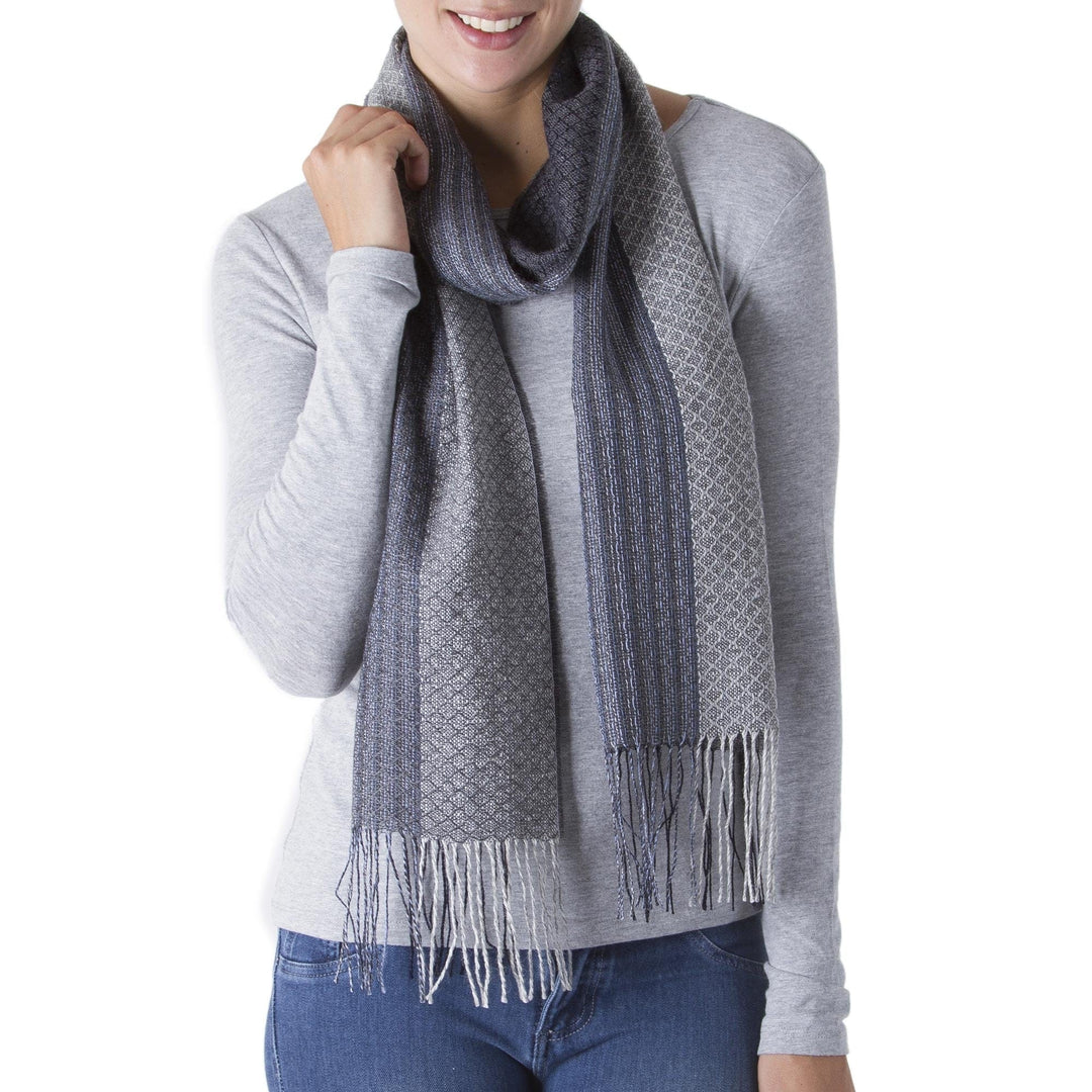 Hand Woven Baby Alpaca Silk Blend Grey Scarf from Peru - Soft Texture in Grey