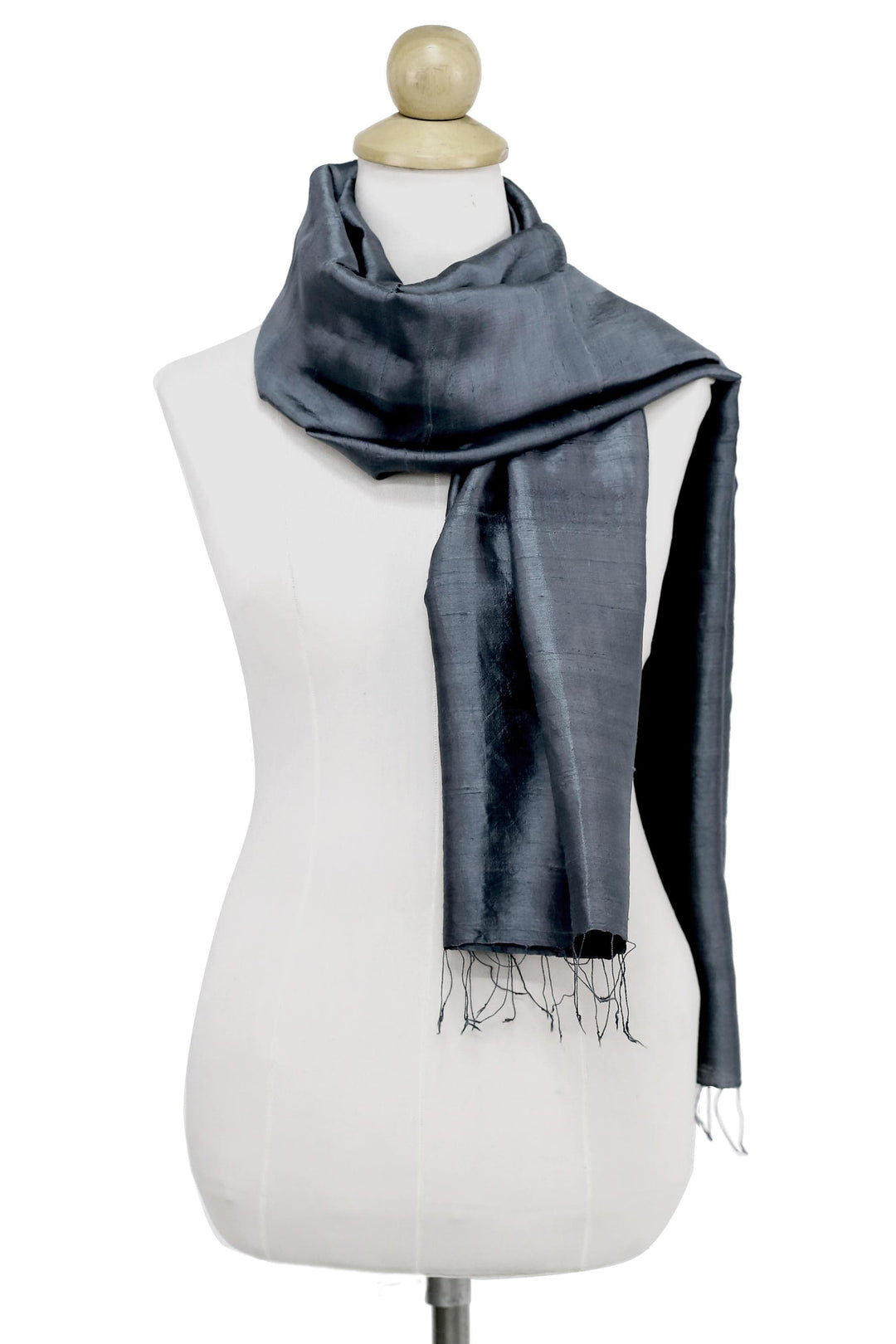 Hand Woven Fringed Silk Scarf in Iron Grey from Thailand - Otherworldly in Iron Grey