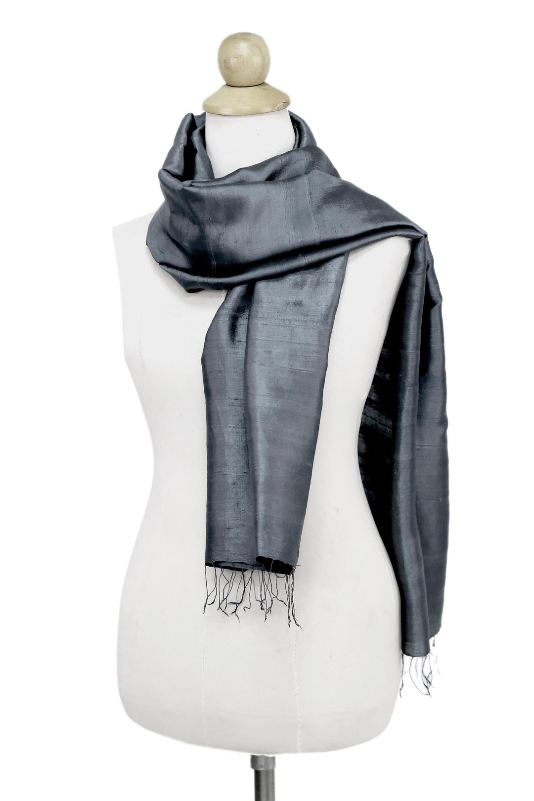 Hand Woven Fringed Silk Scarf in Iron Grey from Thailand - Otherworldly in Iron Grey