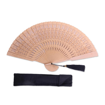 Hand Made Wood Fan in Natural with Pouch from Indonesia - Serenity Bloom in Natural