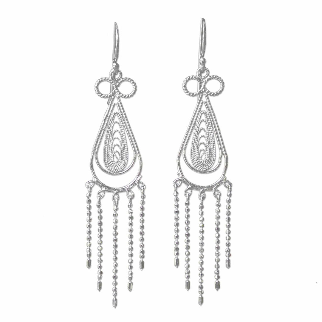 Sterling Silver Thai Filigree Chandelier Teardrop Earrings - Fringed Droplets