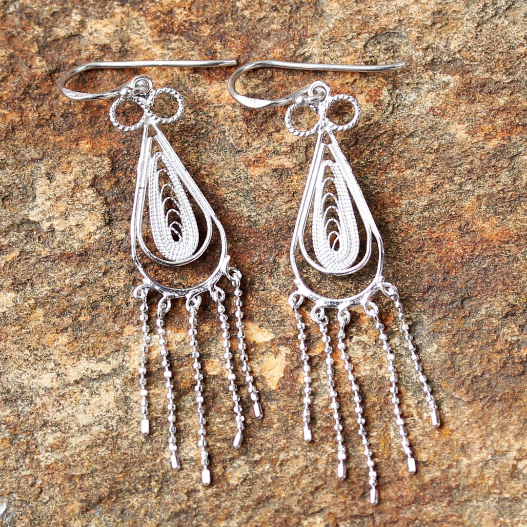 Sterling Silver Thai Filigree Chandelier Teardrop Earrings - Fringed Droplets