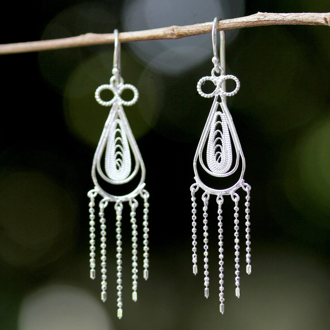 Sterling Silver Thai Filigree Chandelier Teardrop Earrings - Fringed Droplets