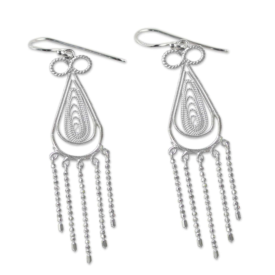 Sterling Silver Thai Filigree Chandelier Teardrop Earrings - Fringed Droplets