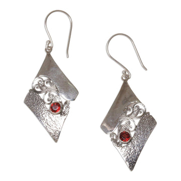Sterling Silver and Garnet Rhombus Dangle Earrings Indonesia - Fern Kites