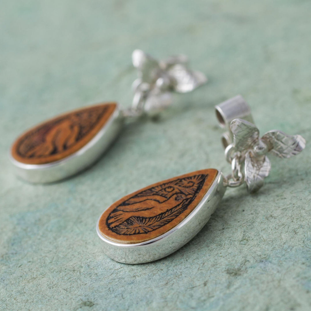 Bird Themed Mate Gourd 925 Silver Dangle Earrings from Peru - Floral Birds