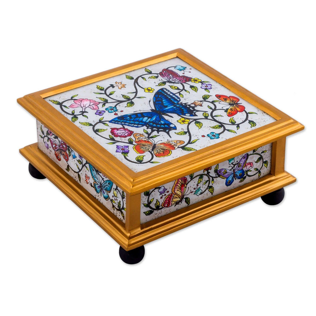 Butterflies on an Ivory Reverse Painted Glass Decorative Box - Ivory Winter Butterflies