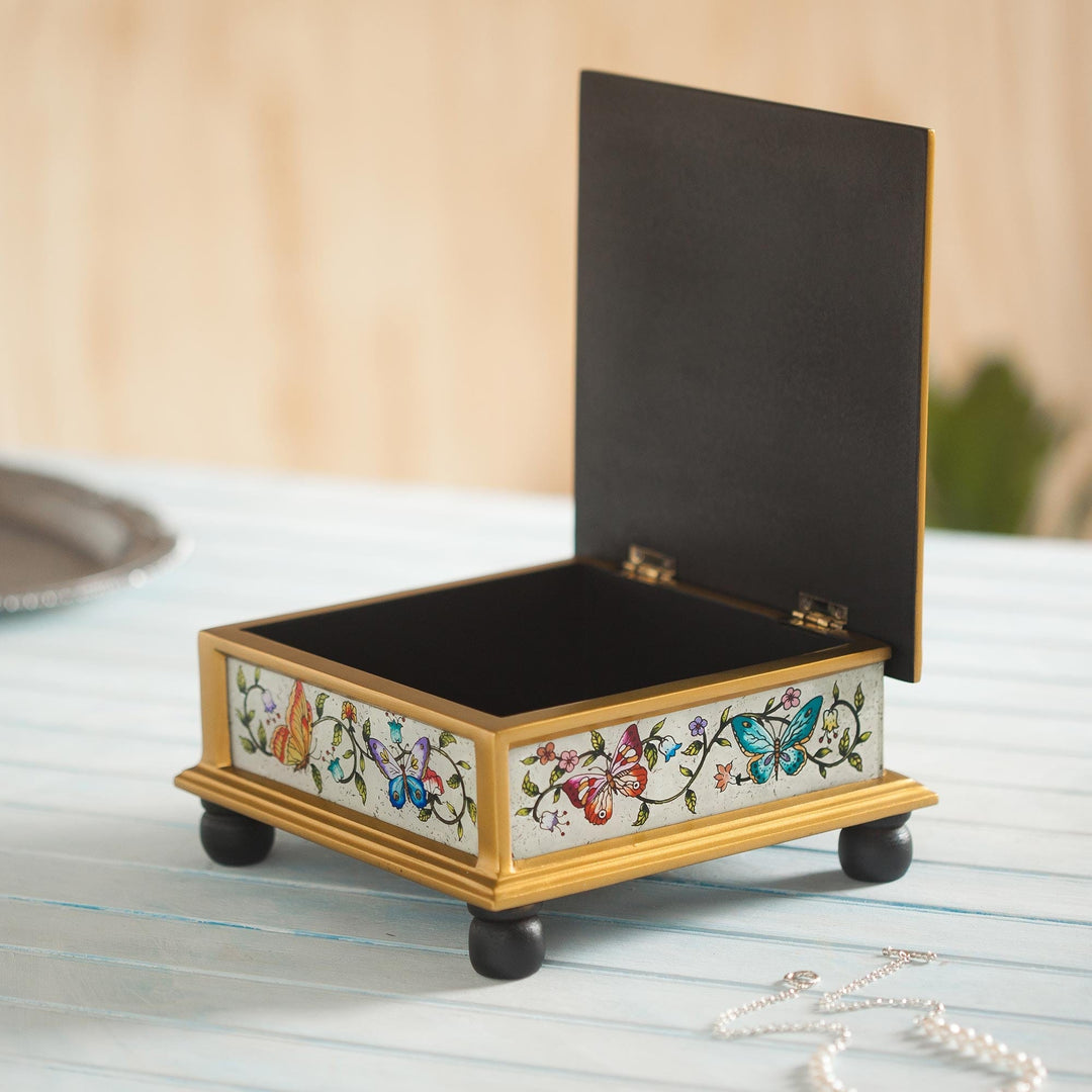 Butterflies on an Ivory Reverse Painted Glass Decorative Box - Ivory Winter Butterflies