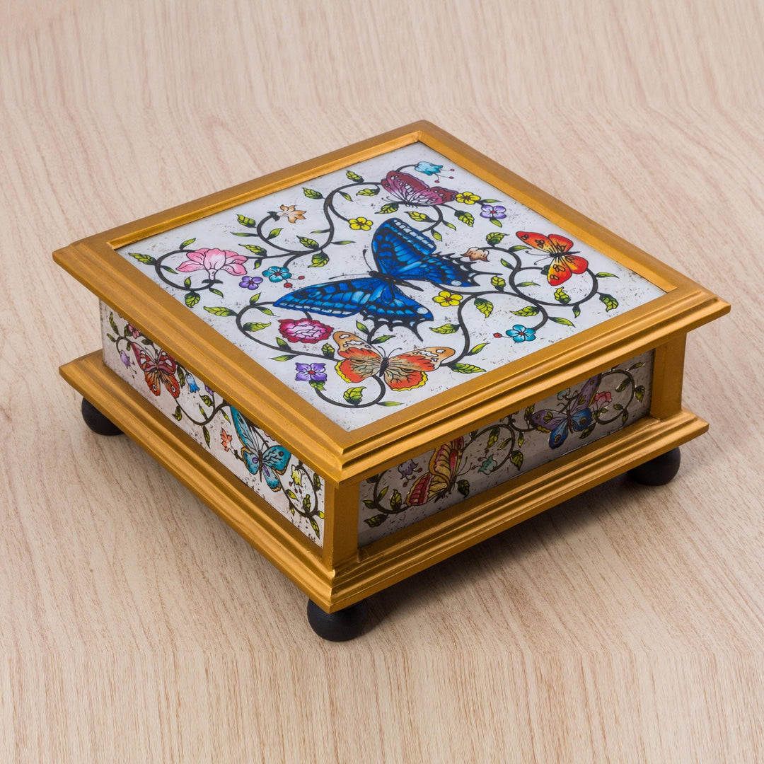 Butterflies on an Ivory Reverse Painted Glass Decorative Box - Ivory Winter Butterflies
