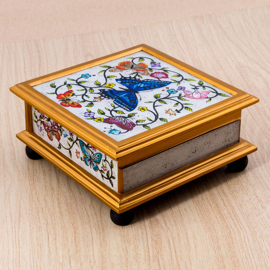 Butterflies on an Ivory Reverse Painted Glass Decorative Box - Ivory Winter Butterflies