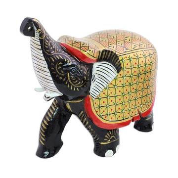 Handcrafted Black Elephant Wood Figurine with Golden Coat - Elephant Fortune