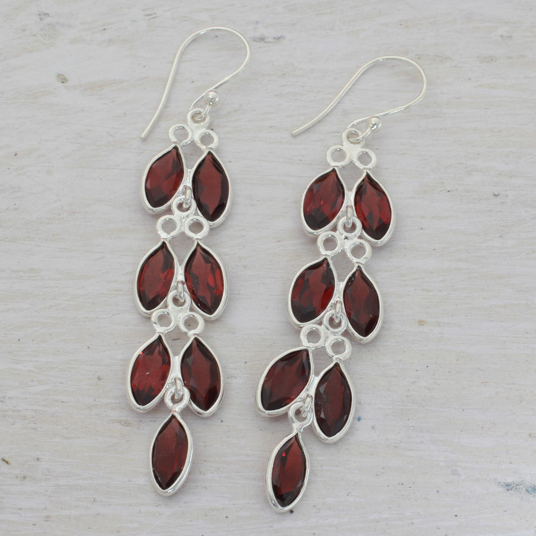 Garnet and Sterling Silver Dangle Earrings from India - Sparkling Red Leaves