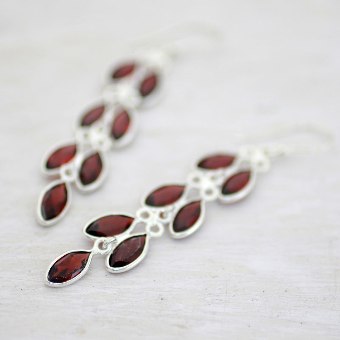 Garnet and Sterling Silver Dangle Earrings from India - Sparkling Red Leaves