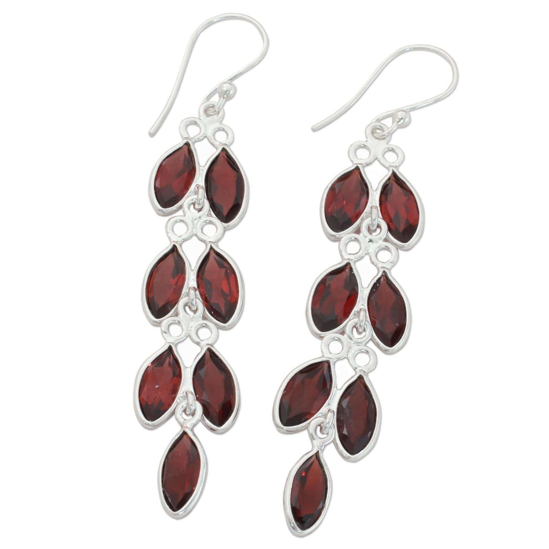 Garnet and Sterling Silver Dangle Earrings from India - Sparkling Red Leaves
