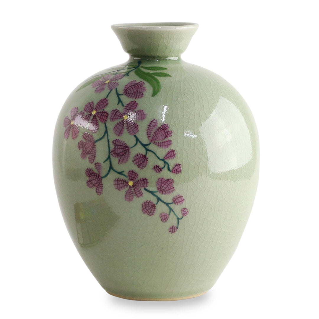 Hand Crafted Celadon Ceramic Floral Vase from Thailand - Round Garden