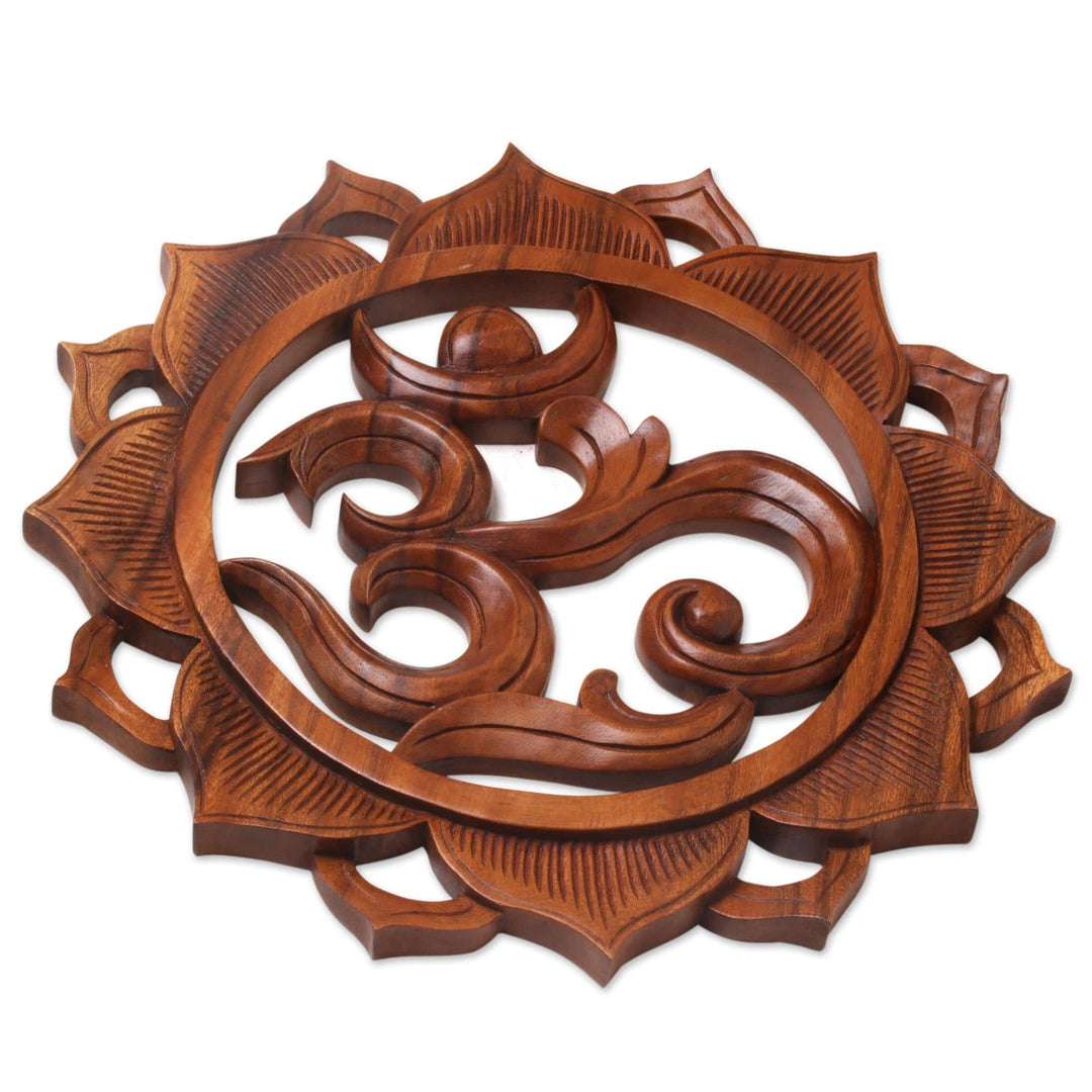 Hand Carved Wood Floral Lotus Om Relief Panel from Bali - Om Petals