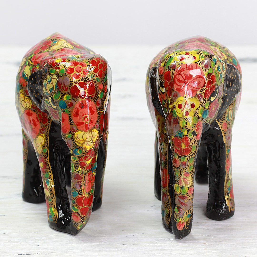 Wooden Sculpture Set of 2 Painted Floral Elephants - Elephant Bloom